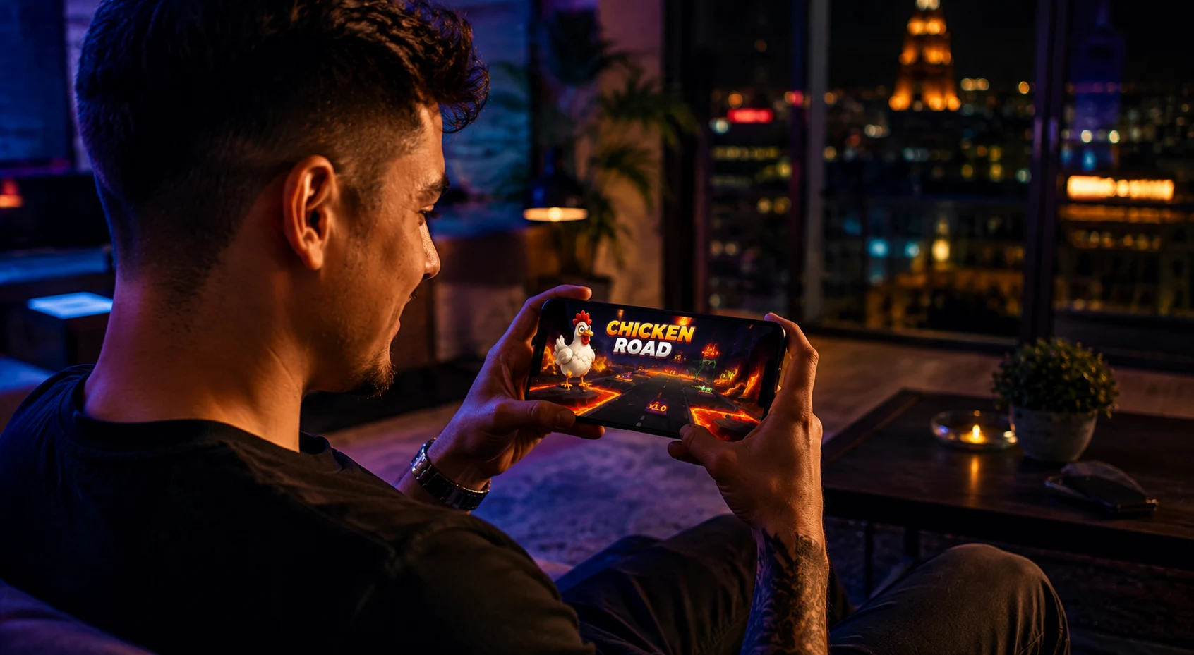 Jugador usando Chicken Road en smartphone desde un apartamento moderno en España.