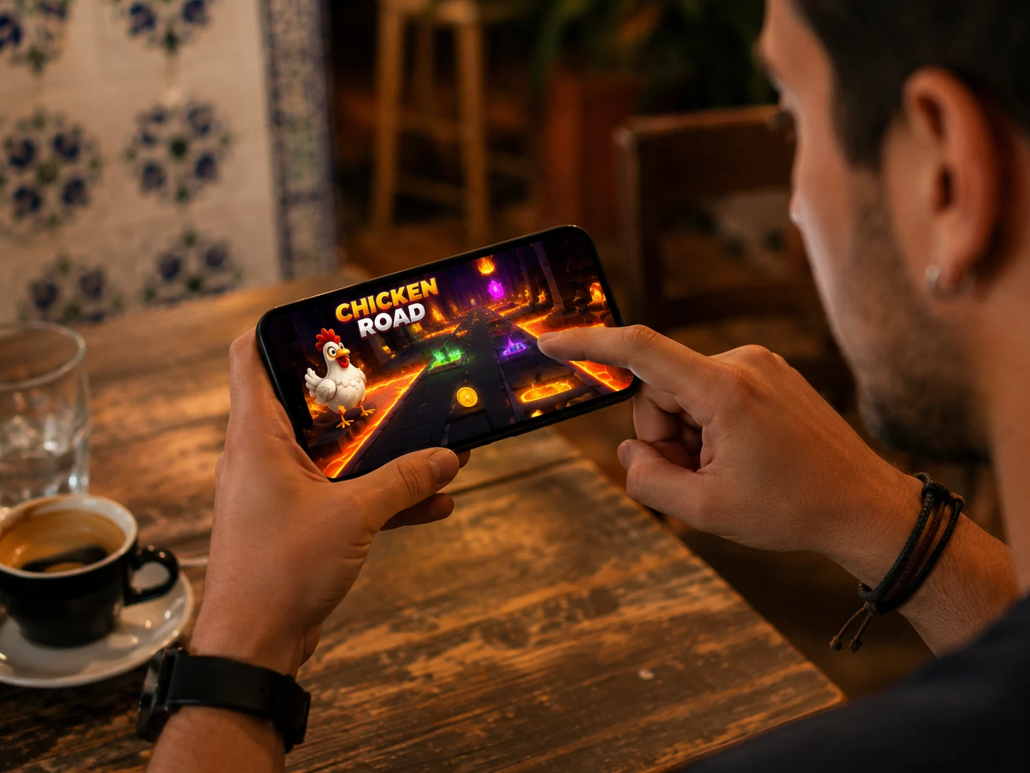 Usuario jugando Chicken Road Game desde móvil en una cafetería española